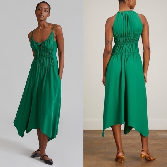 PROENZA SCHOULER Emerald Crepe Ruched Smocked Tie Front Sleeveless Midi Dress 10 - Picture 2 of 16